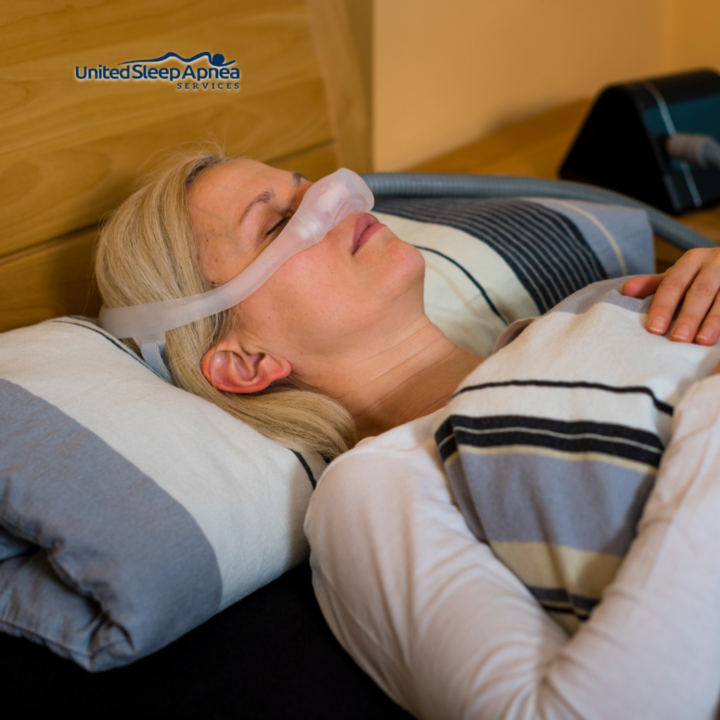 Woman peacefully sleeping with CPAP therapy machine, illustrating the use of CPAP for treating sleep disorders and managing nocturnal hypoxemia